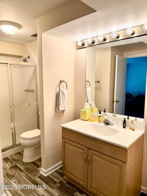 Bathroom, Glass Shower, Interior, Wood Texture Flooring