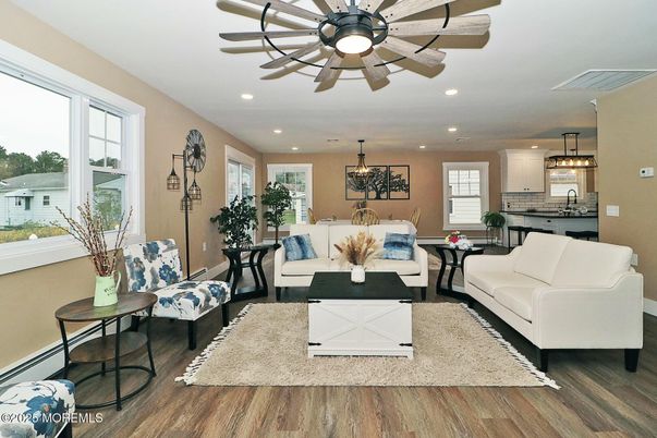 Dining room, Interior, Kitchen, Living room, Pendant Lights, Recessed Lighting, Wood Texture Flooring