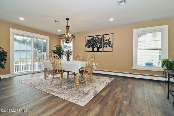 Chandelier, Dining room, Interior, Recessed Lighting, Wood Texture Flooring