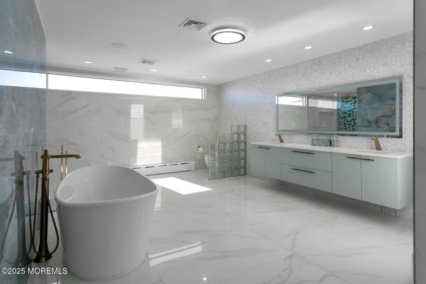 Bathroom, Dual Sink Vanities, Free Standing Baths, Glass Shower, Interior, Marble, Marble Walls, Recessed Lighting