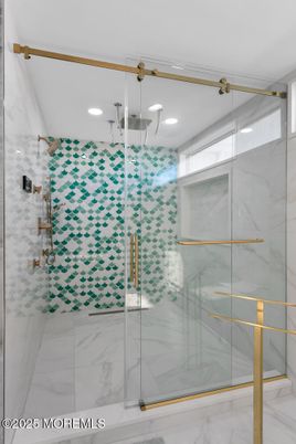 Bathroom, Glass Shower, Interior, Marble, Marble Walls, Recessed Lighting