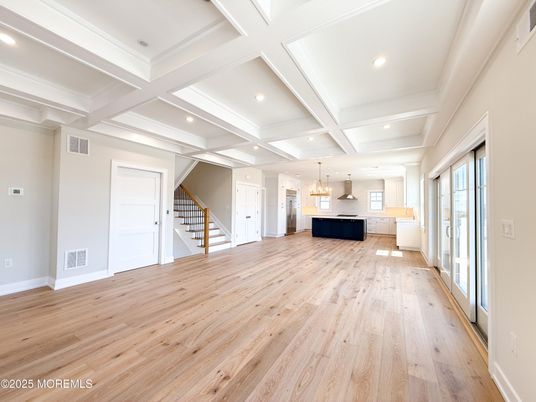 Empty room, Interior, Kitchen, Pendant Lights, Recessed Lighting, Wood Texture Flooring