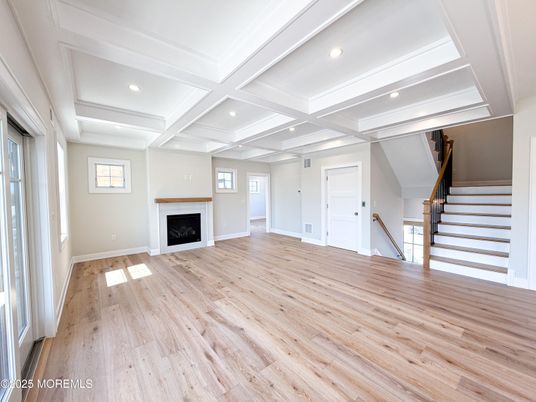 Empty room, Fireplace, Interior, Recessed Lighting, Wood Texture Flooring