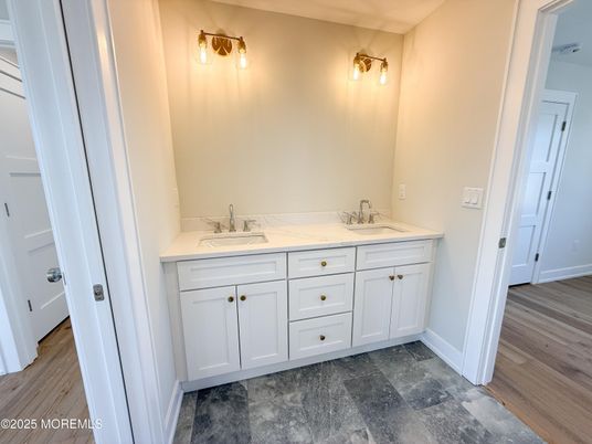 Bathroom, Dual Sink Vanities, Interior, Wood Texture Flooring