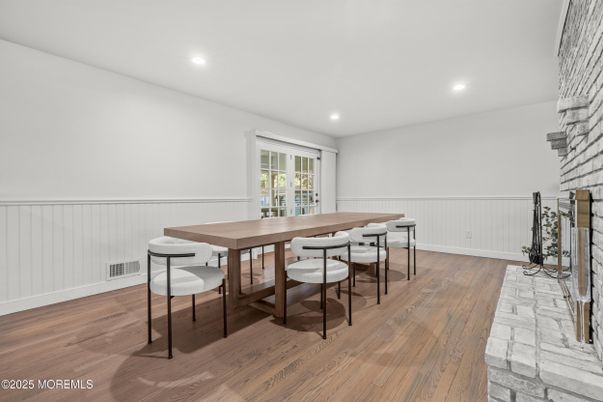 Dining room, Interior, Recessed Lighting, Wood Texture Flooring
