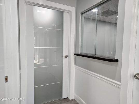 Bathroom, Glass Shower, Interior, Recessed Lighting, Wood Texture Flooring
