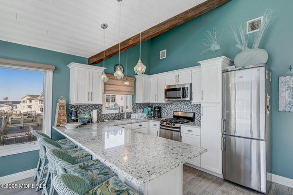 Interior, Kitchen, Pendant Lights, Stainless Steel Appliances, Wood Texture Flooring