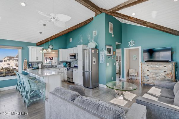 Interior, Kitchen, Living room, Pendant Lights, Recessed Lighting, Stainless Steel Appliances, Wooden Beams, Wood Texture Flooring