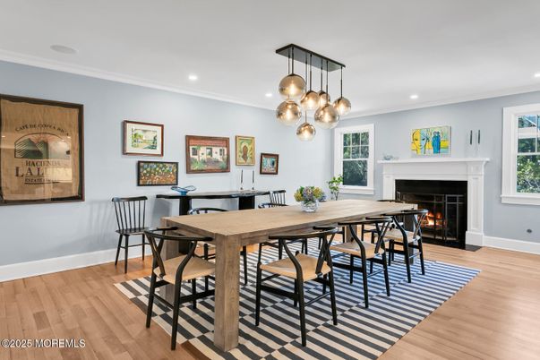 Dining room, Fireplace, Interior, Pendant Lights, Recessed Lighting, Wood Texture Flooring