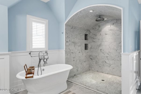 Bathroom, Free Standing Baths, Interior, Marble, Marble Walls, Recessed Lighting