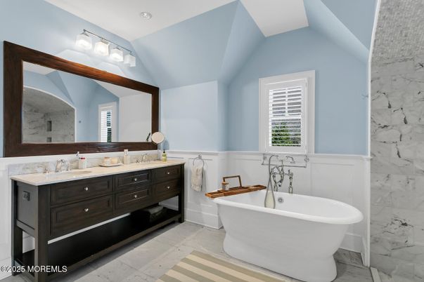 Bathroom, Dual Sink Vanities, Free Standing Baths, Interior, Marble, Marble Walls