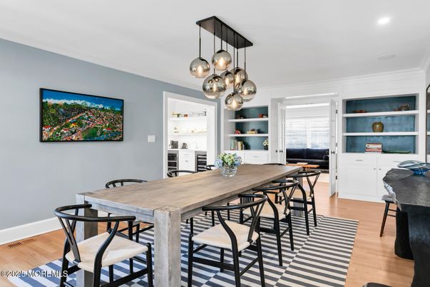 Dining room, Interior, Pendant Lights, Recessed Lighting, Wood Texture Flooring