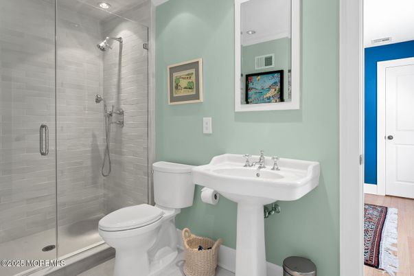 Bathroom, Glass Shower, Interior, Wood Texture Flooring