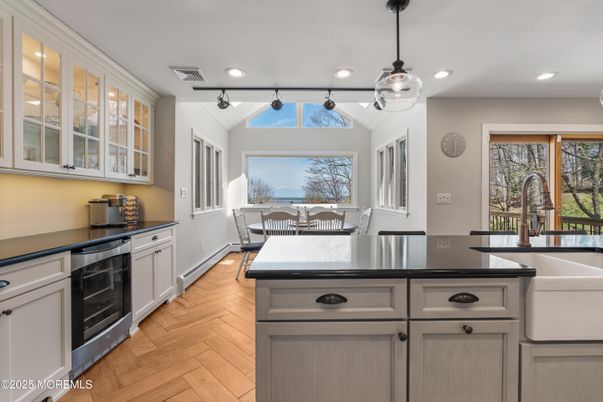 Dining room, Interior, Kitchen, Pendant Lights, Recessed Lighting, Wood Texture Flooring