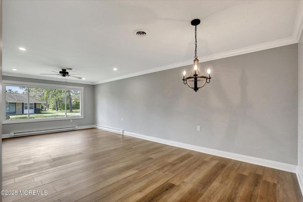 Chandelier, Empty room, Interior, Pendant Lights, Recessed Lighting, Wood Texture Flooring