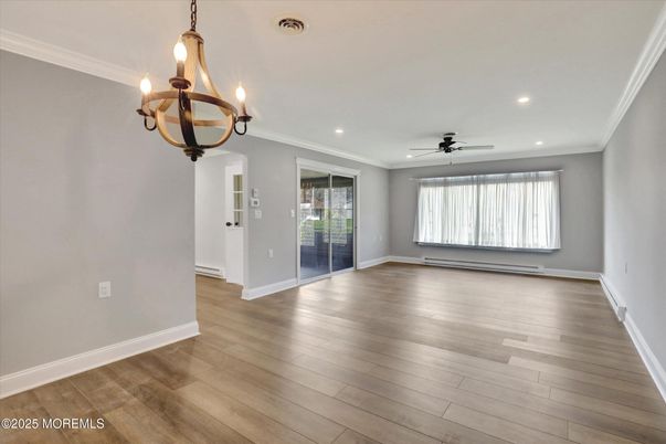 Chandelier, Empty room, Interior, Recessed Lighting, Wood Texture Flooring