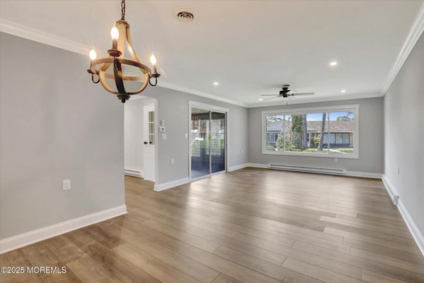 Chandelier, Empty room, Interior, Recessed Lighting, Wood Texture Flooring