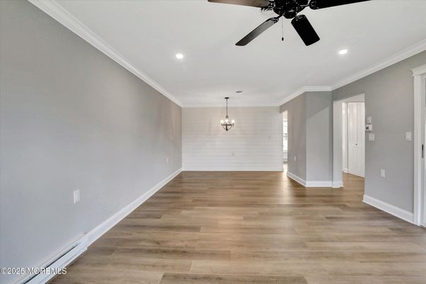 Chandelier, Empty room, Interior, Recessed Lighting, Wood Texture Flooring