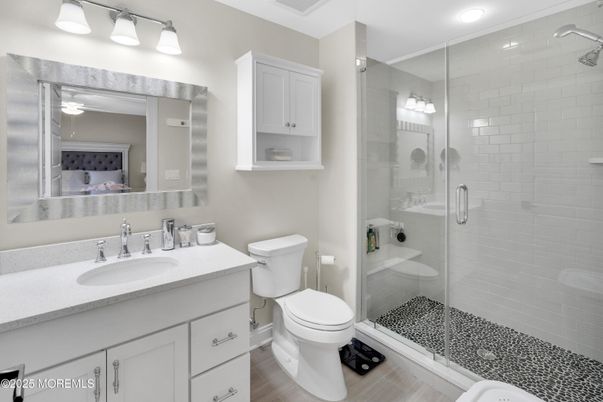 Bathroom, Glass Shower, Interior, Recessed Lighting, Wood Texture Flooring