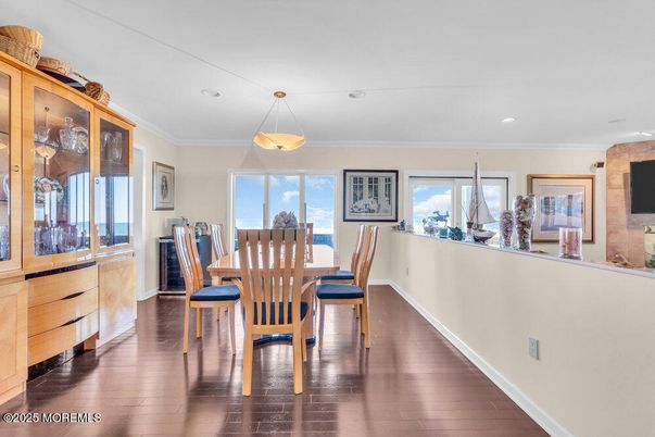 Dining room, Interior, Pendant Lights, Recessed Lighting, Wood Texture Flooring