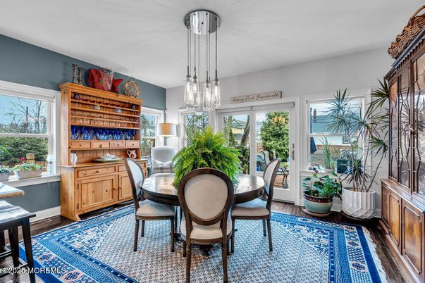 Dining room, Interior, Pendant Lights, Wood Texture Flooring