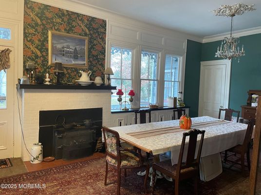 Dining room, Fireplace, Interior, Pendant Lights