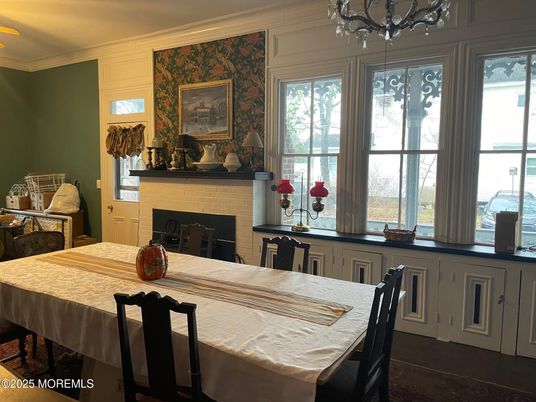 Chandelier, Dining room, Fireplace, Interior