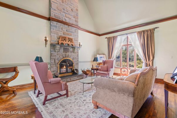 Fireplace, Interior, Living room, Stone Walls, Wood Texture Flooring