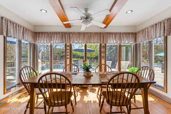 Dining room, Interior, Recessed Lighting, Wooden Beams, Wood Texture Flooring