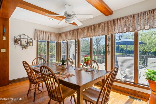 Dining room, Interior, Recessed Lighting, Wooden Beams, Wood Texture Flooring