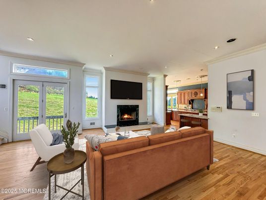 Fireplace, Interior, Kitchen, Living room, Pendant Lights, Recessed Lighting, Wood Texture Flooring