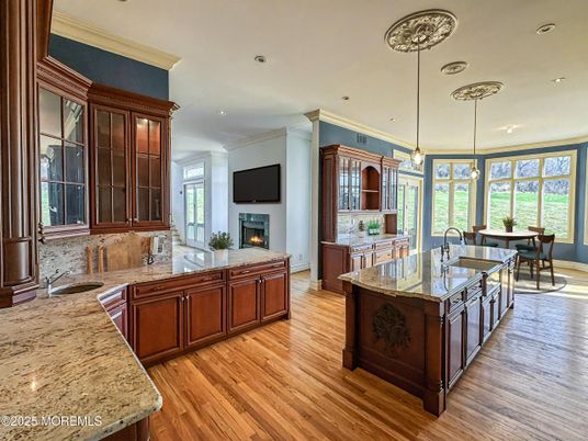 Dining room, Fireplace, Interior, Kitchen, Pendant Lights, Recessed Lighting, Wood Texture Flooring