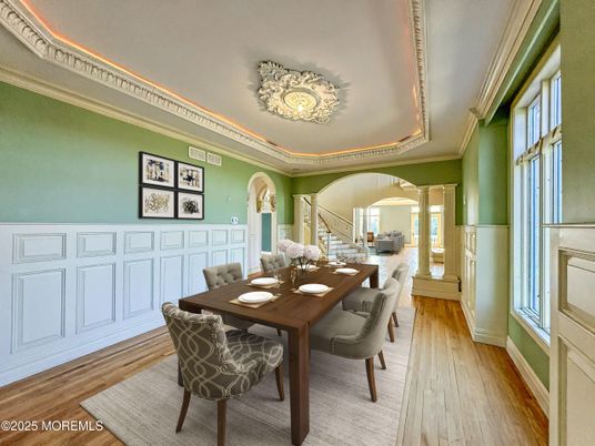 Chandelier, Dining room, Interior, Wood Texture Flooring