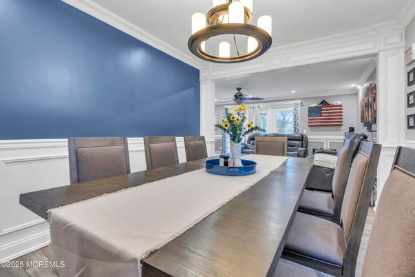 Dining room, Interior, Pendant Lights, Recessed Lighting, Wood Texture Flooring