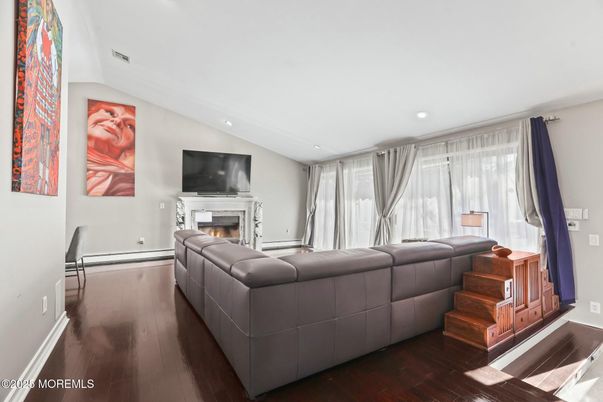Fireplace, Interior, Living room, Recessed Lighting, Wood Texture Flooring