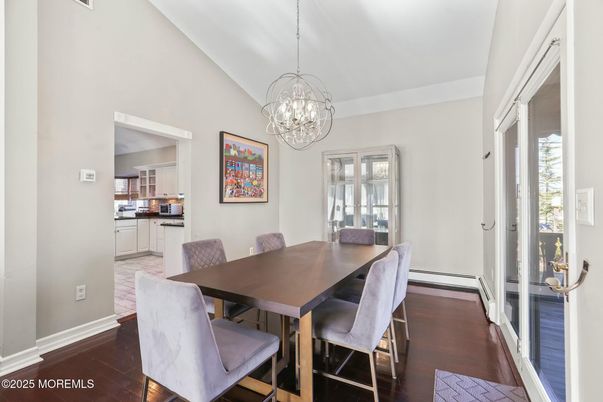 Chandelier, Dining room, Interior, Pendant Lights, Wood Texture Flooring