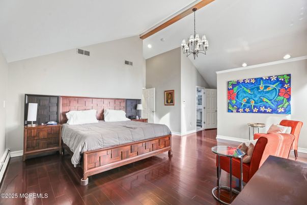 Bedroom, Chandelier, Interior, Recessed Lighting, Wooden Beams, Wood Texture Flooring