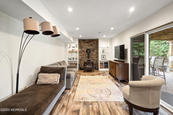 Interior, Living room, Recessed Lighting, Stone Walls, Wood Texture Flooring