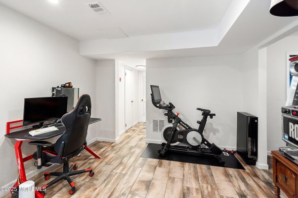 Fitness Equipment, Home Office, Interior, Recessed Lighting, Wood Texture Flooring