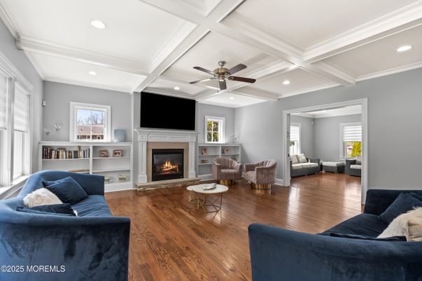 Fireplace, Interior, Living room, Recessed Lighting, Wood Texture Flooring
