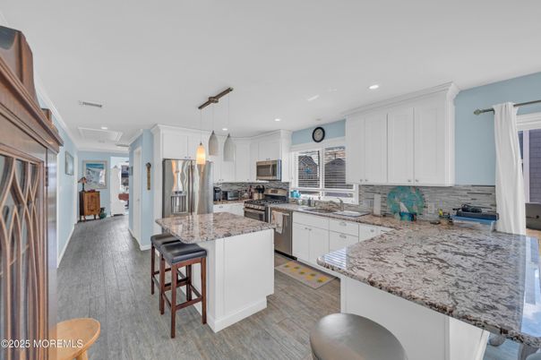 Interior, Kitchen, Pendant Lights, Recessed Lighting, Stainless Steel Appliances, Wood Texture Flooring