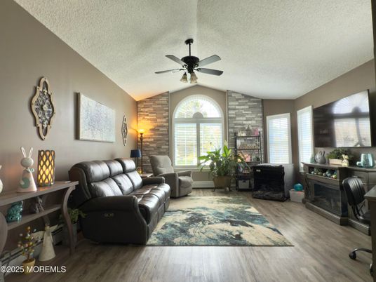 Fireplace, Home Office, Interior, Living room, Stone Walls, Wood Texture Flooring