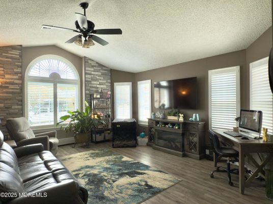 Home Office, Interior, Stone Walls, Wood Texture Flooring