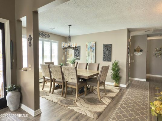 Chandelier, Dining room, Interior, Wood Texture Flooring