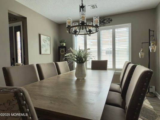 Chandelier, Dining room, Interior, Wood Texture Flooring