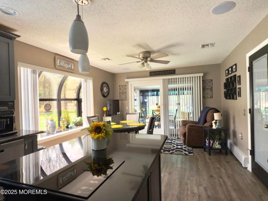 Dining room, Interior, Pendant Lights, Wood Texture Flooring