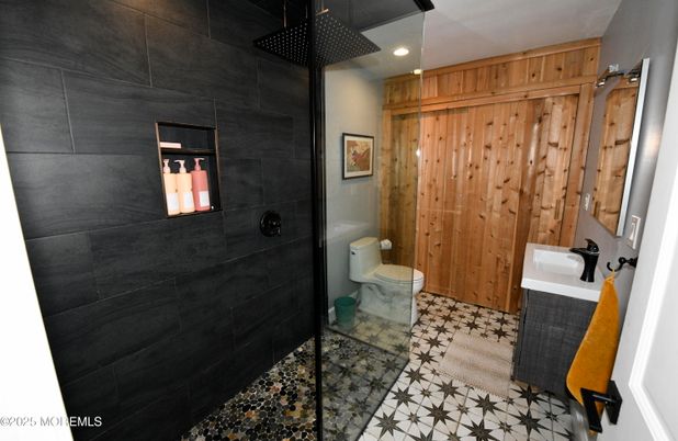 Bathroom, Glass Shower, Interior, Recessed Lighting, Wooden Walls