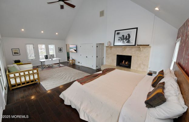 Bedroom, Fireplace, Home Office, Interior, Recessed Lighting, Wood Texture Flooring