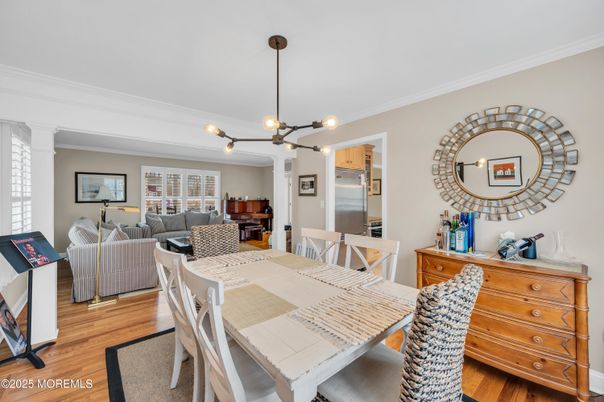 Dining room, Interior, Kitchen, Living room, Pendant Lights, Stainless Steel Appliances, Wood Texture Flooring