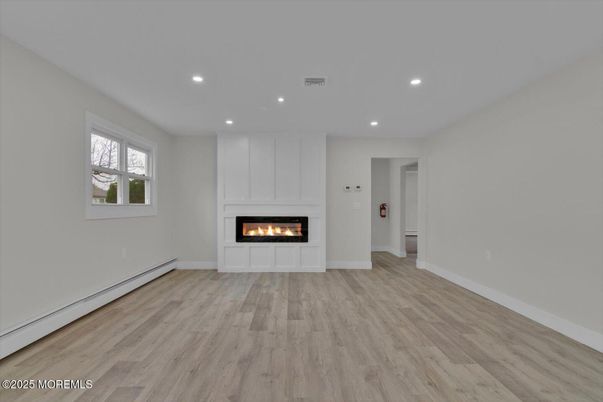 Empty room, Fireplace, Interior, Recessed Lighting, Wood Texture Flooring